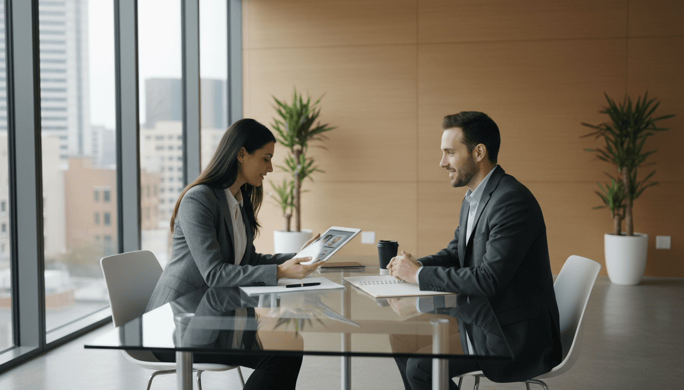 Professional recruiter meeting with job candidate in bright modern office
