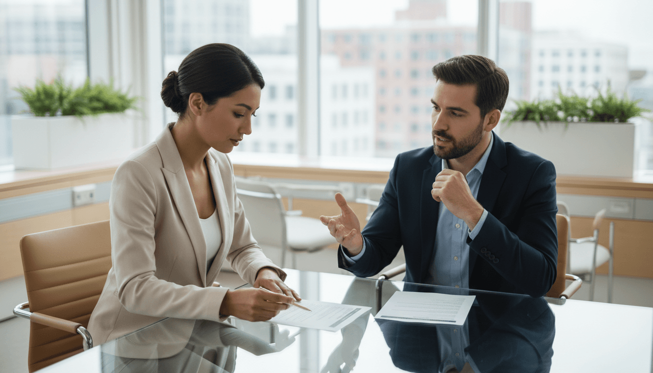Professional recruiter conducting an interview with a candidate in a modern office setting